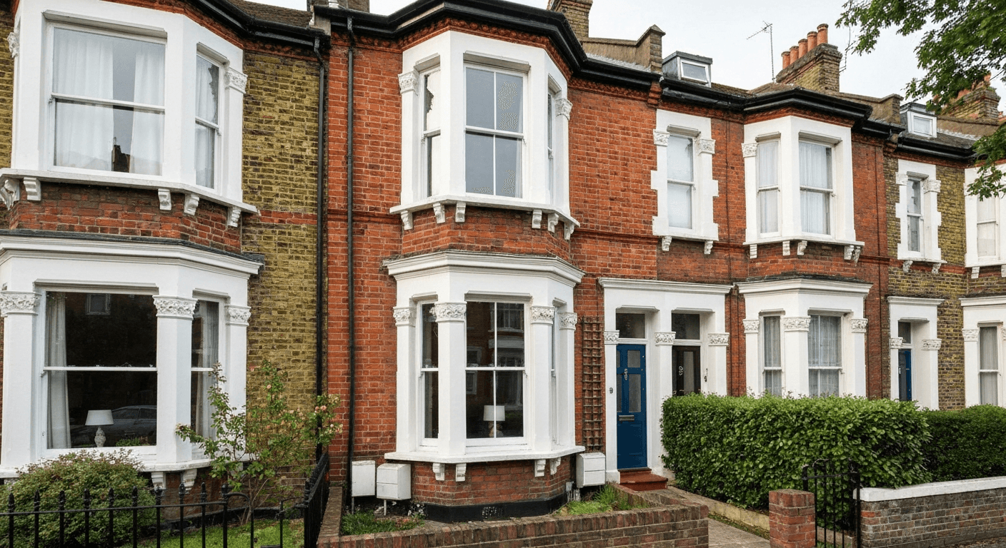 Close-up of a Victorian bay window on a terraced house showing timber frame details