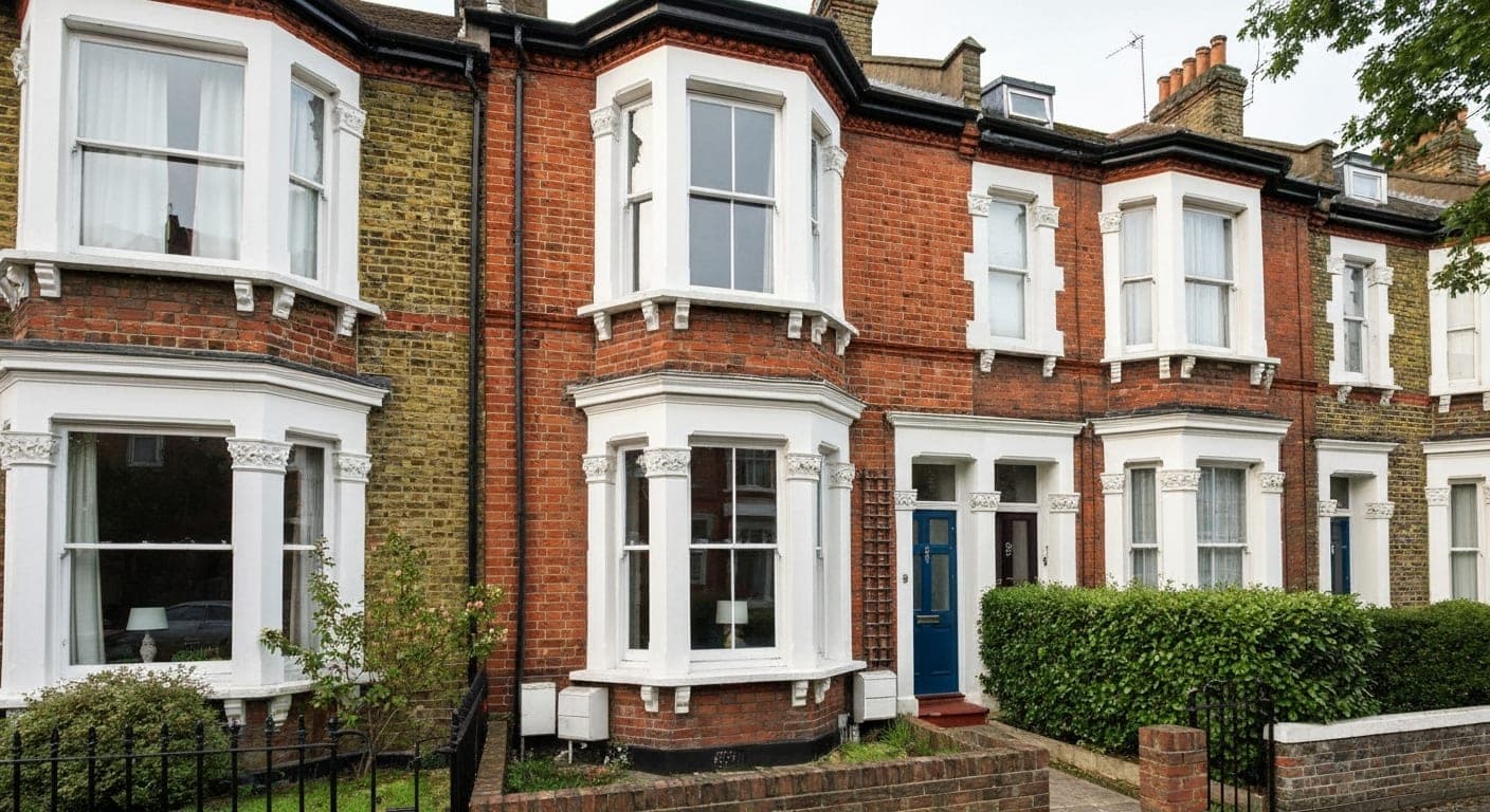 Close-up of a Victorian bay window on a terraced house showing timber frame details