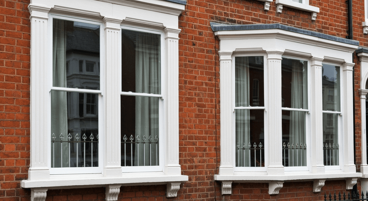 Traditional Victorian sash windows on a terrace house facade