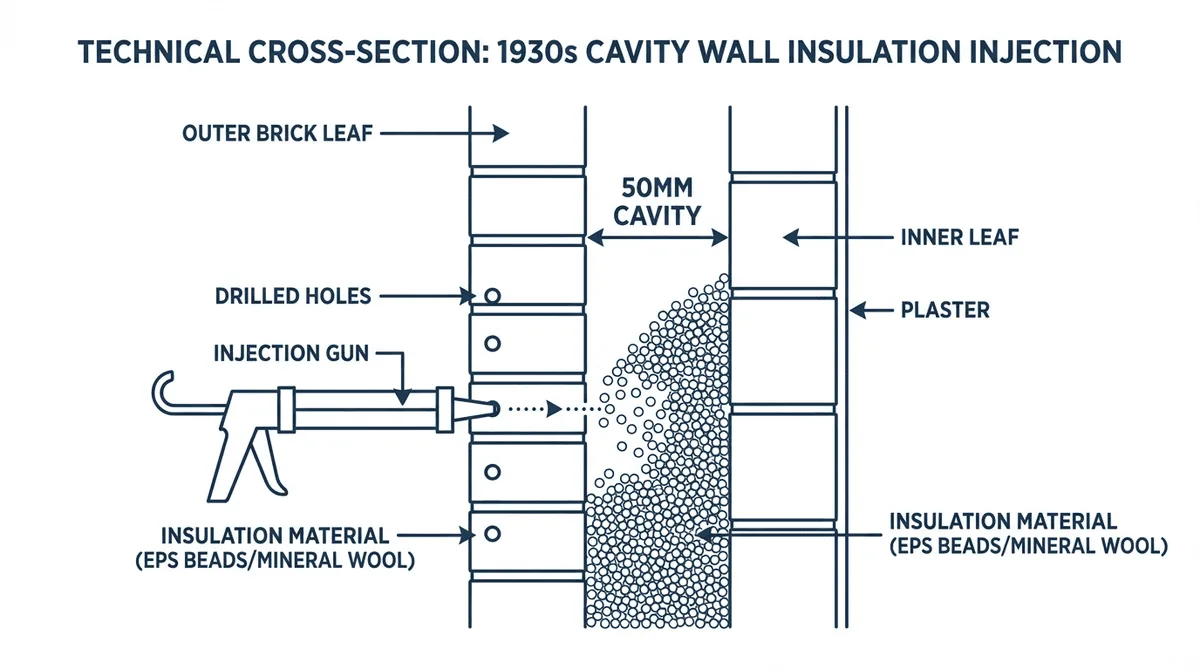 Diagram showing cavity wall insulation being injected into 1930s semi wall