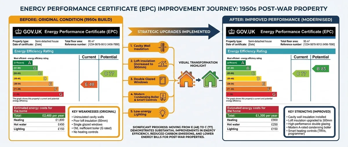 EPC certificate comparison showing improvement from E to C