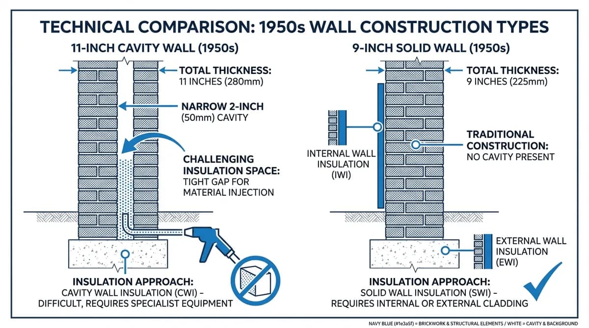 Comparison diagram showing 1950s narrow cavity wall versus solid wall construction