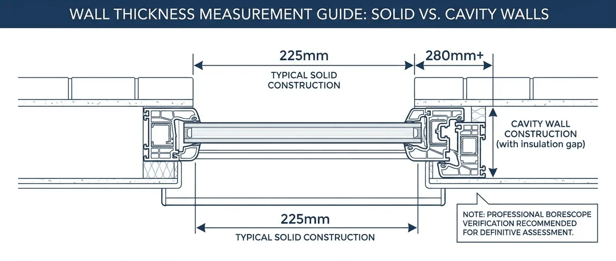 Diagram showing how to measure wall thickness at a window reveal