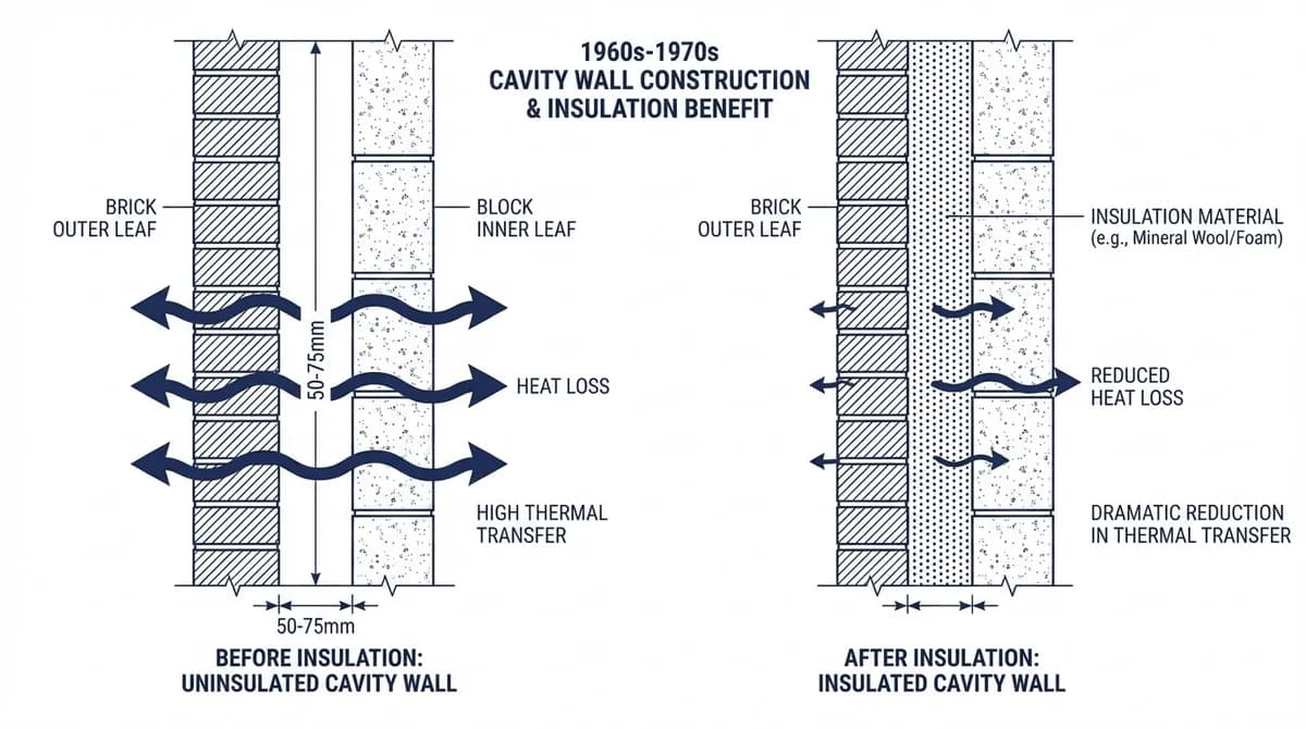 Cross-section diagram showing 1960s-1970s cavity wall construction