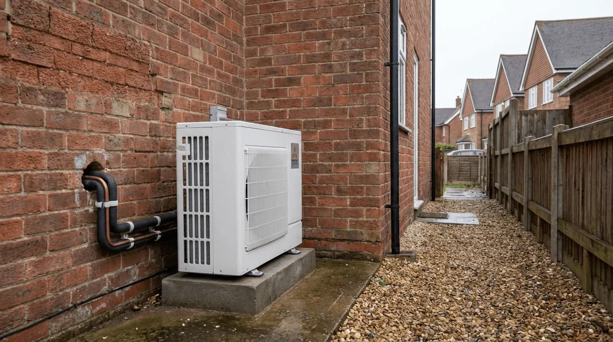 Air source heat pump professionally installed outside a British semi-detached home