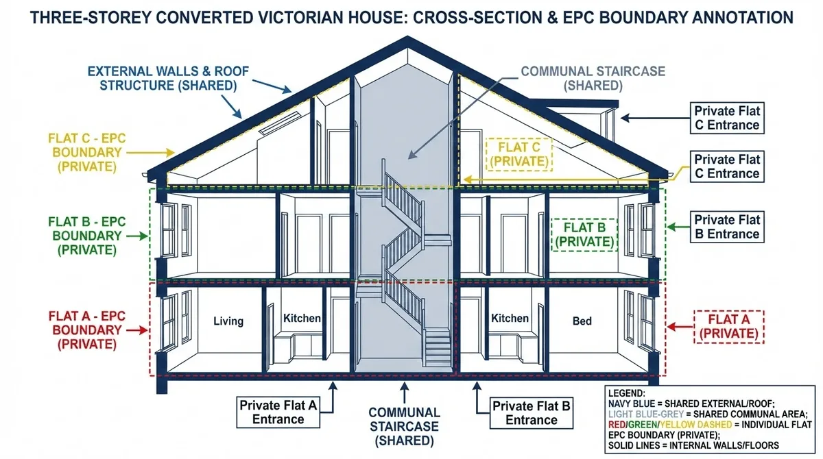 Cross-section diagram showing a converted house with multiple flats