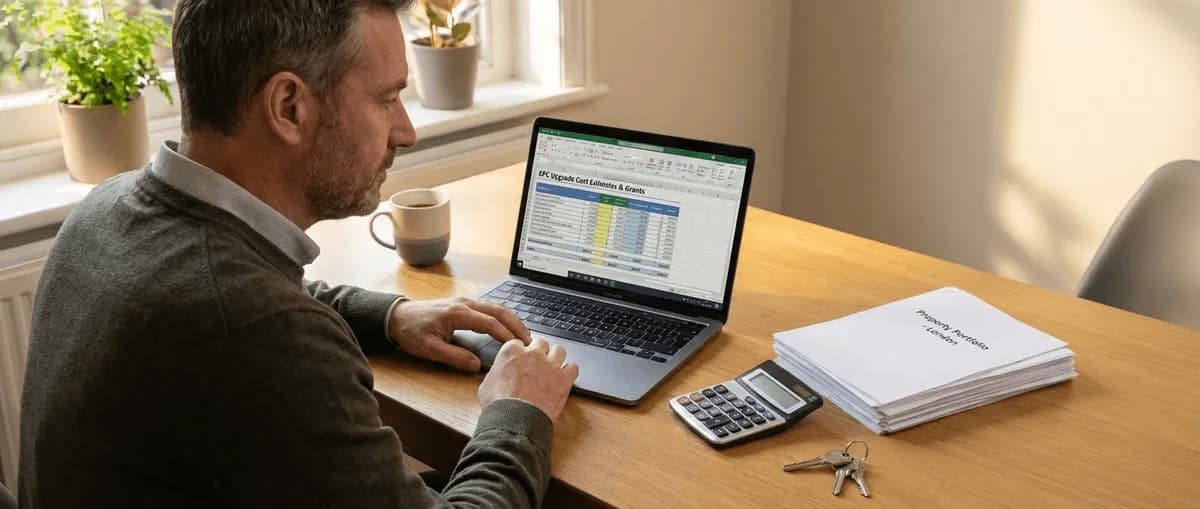 Landlord using a laptop to calculate EPC upgrade costs