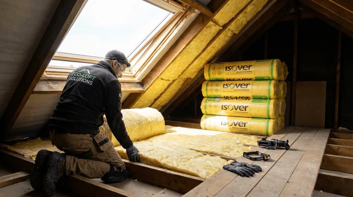 Tradesperson installing loft insulation in a British home