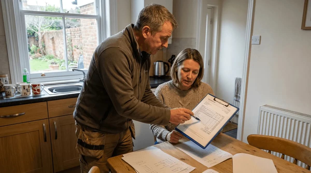 Professional contractor discussing EPC upgrade costs with landlord in a British home