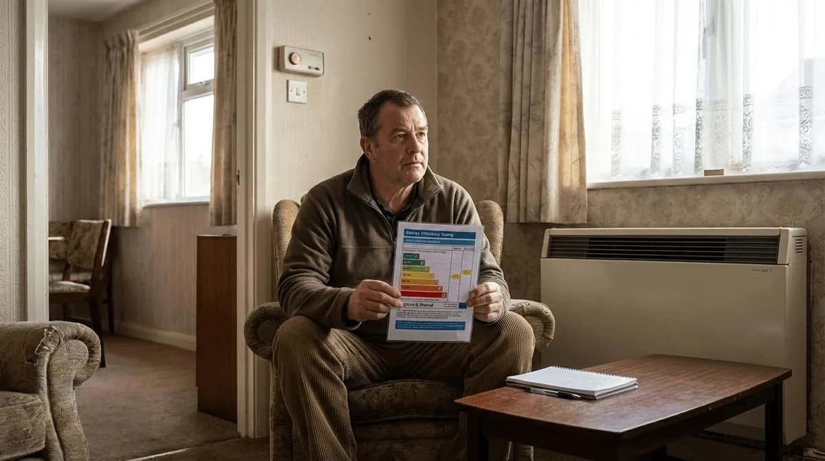 Landlord reviewing EPC certificate showing D rating in a British rental property