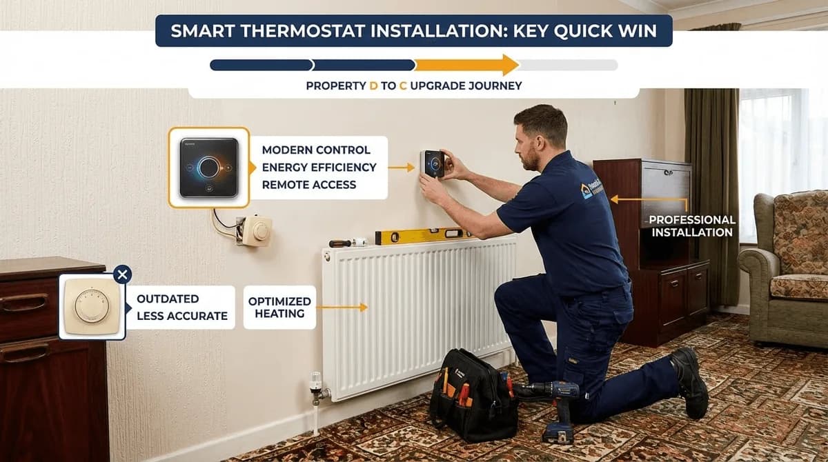Tradesperson installing smart heating controls in a British rental property