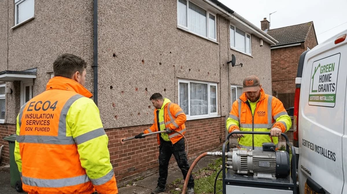 ECO4 installer fitting cavity wall insulation in a British rental property