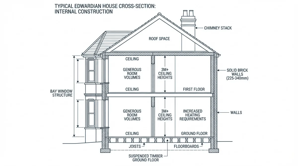 Cross-section diagram showing Edwardian house construction with high ceilings
