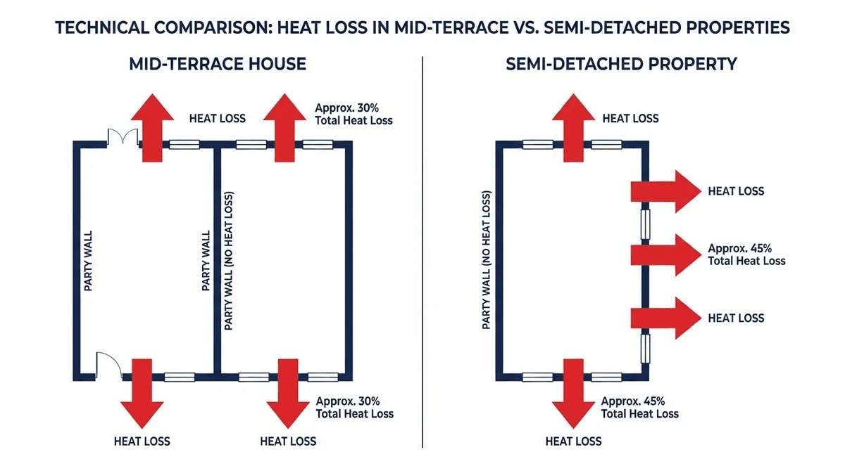 Diagram comparing heat loss in terrace vs semi-detached properties